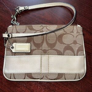 Coach Signature Tan Brown Wristlet Monogram Cream Accent Wristlet